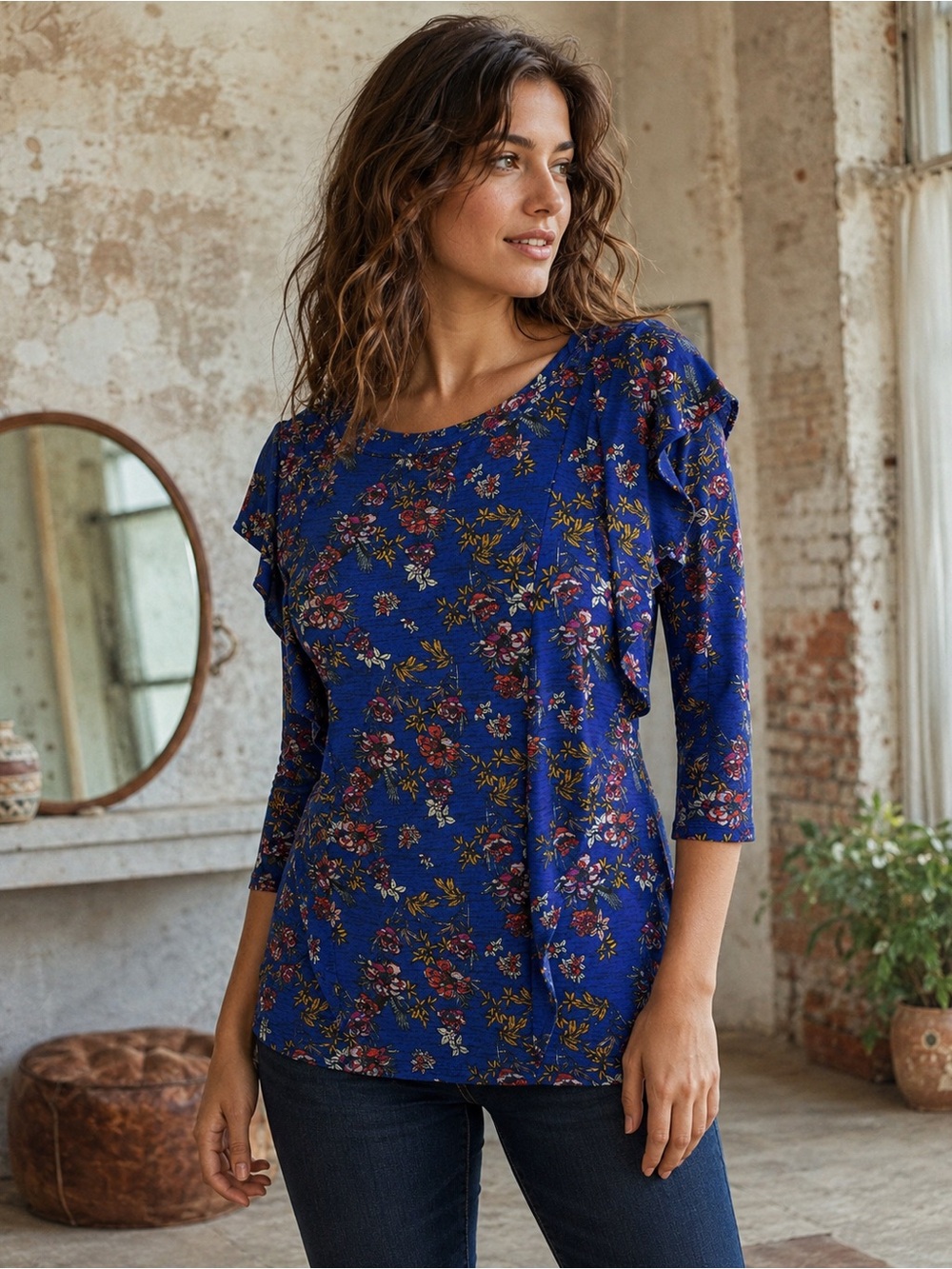 Free People Women’s Medium Blue Floral Ruffle Keyhole Back Tunic Top